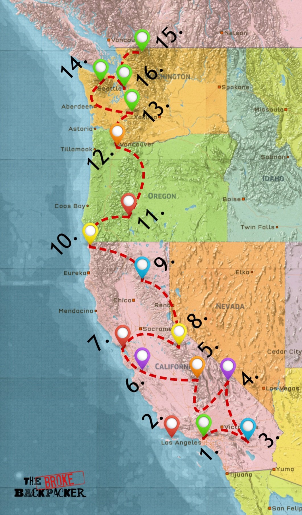 10 Day West Coast Usa Road Trip Itinerary Infography Map Capture The Atlas